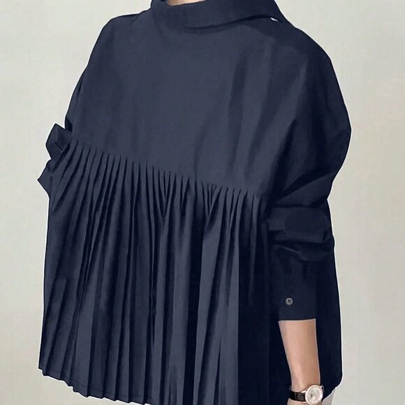 Navy Blue Casual Women's Loose Pleated Oversize Elegant Long-sleeved shirt - Picture 1 of 3